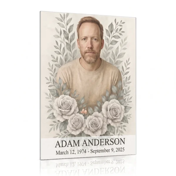 glass panel for headstone with photo and floral motif