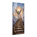 Glass panel for a headstone with a motif of an angel on stone stairs to heaven, made of tempered glass with a durable ceramic print.