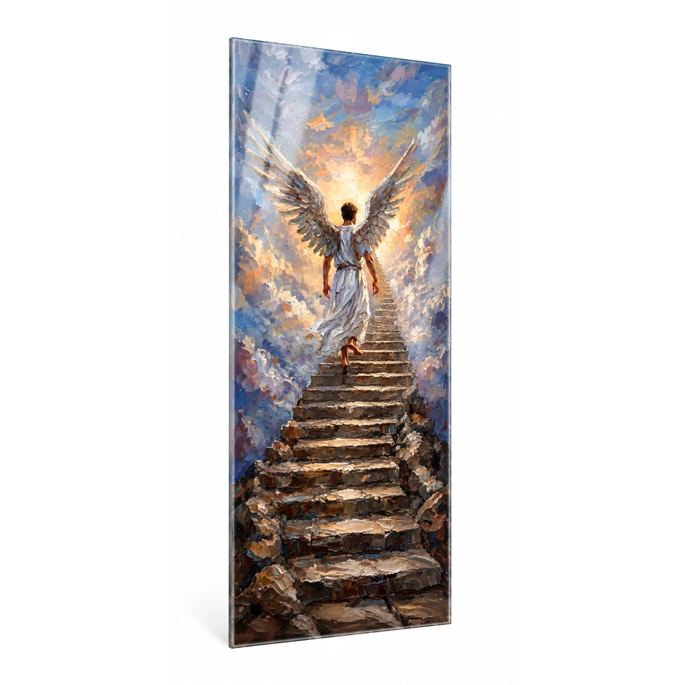 Glass panel with an angel Glass panel for a headstone with a motif of an angel on stone stairs to heaven, made of tempered glass with a durable ceramic print.