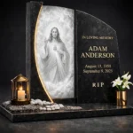 glass panel for a headstone with Jesus, engraved memorial panel, modern memorial with glass