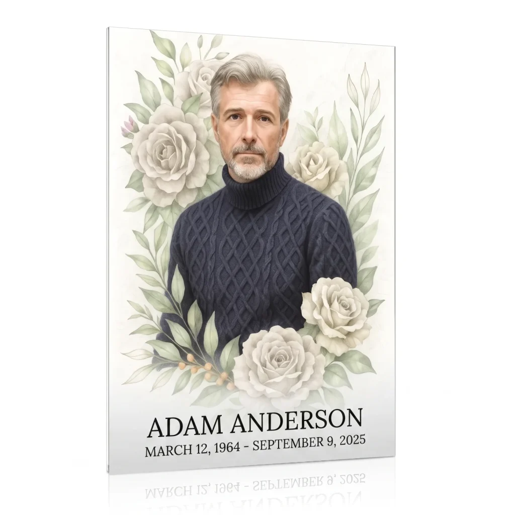 decorative glass panel for memorial with photo and rose motif