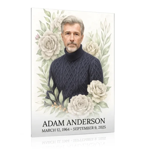 Colour glass plaque with a portrait of a man in a navy jumper among white roses