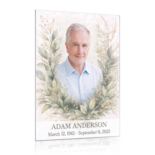 Decorative glass panel for memorial with photo and floral wreath design