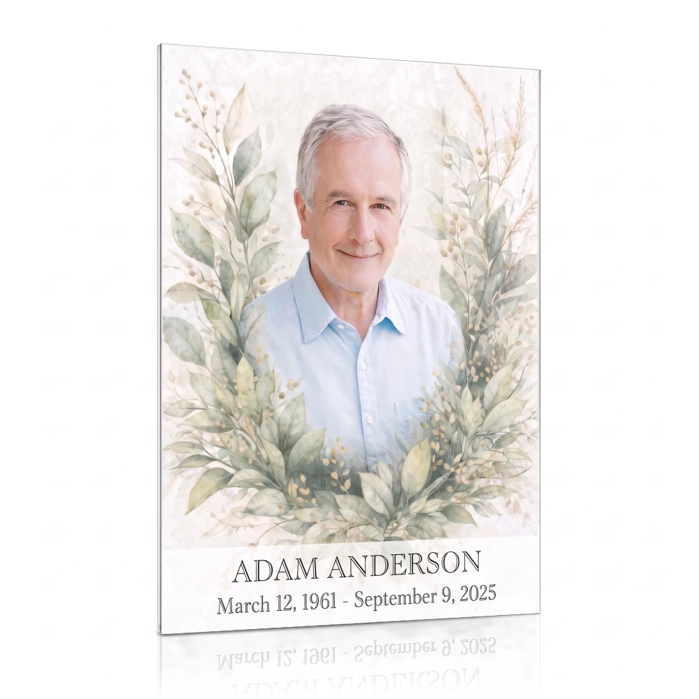 Decorative glass panel for memorial with photo and floral wreath design