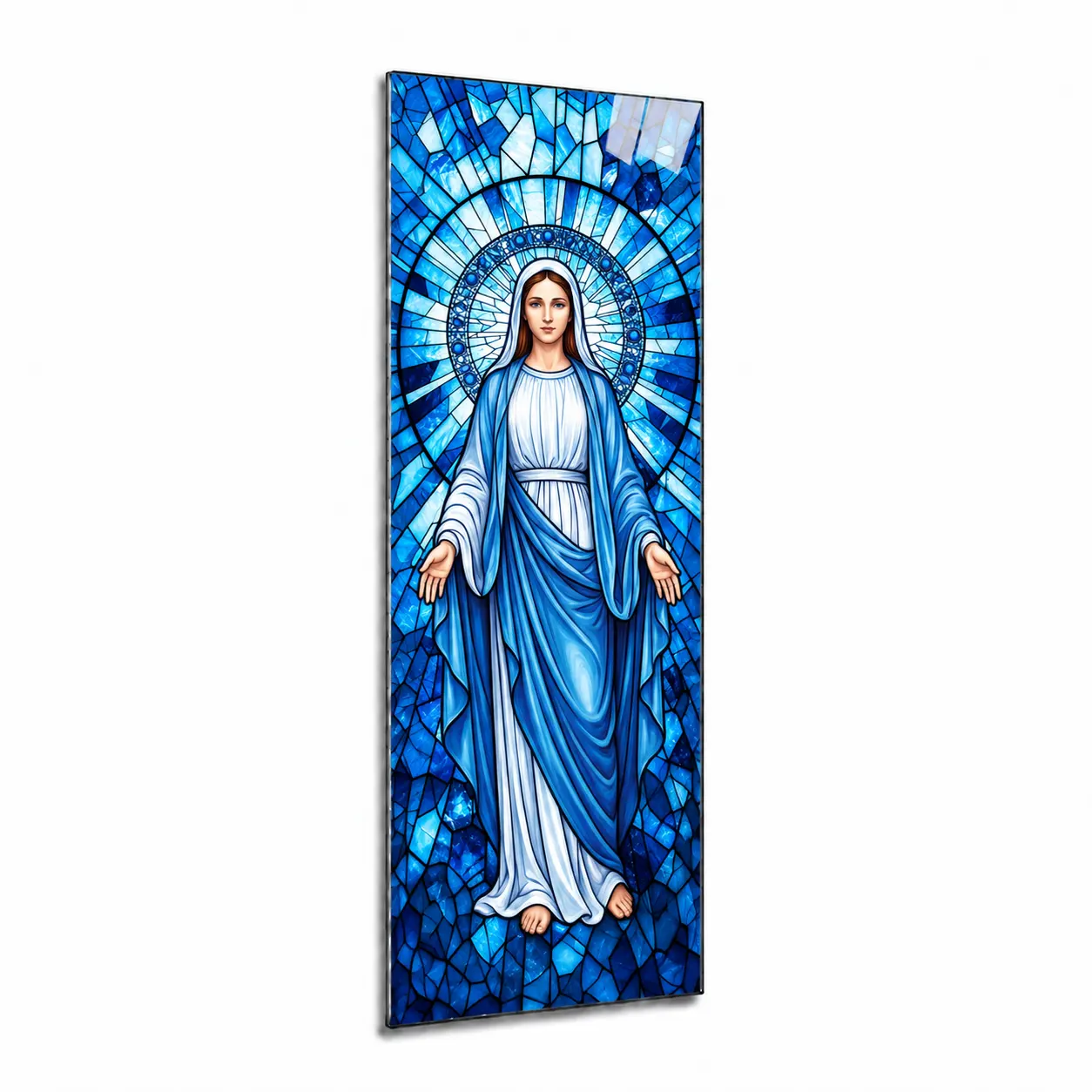 Glass panel for a headstone with a religious motif of the Virgin Mary glass panel for a headstone with a religious motif depicting the Virgin Mary