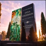 Decorative panel for a memorial with a stained-glass rose on black granite