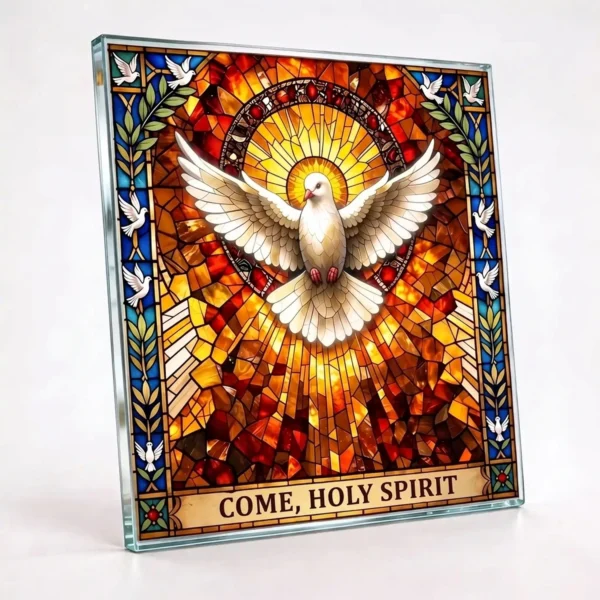 decorative glass panel for memorial with Holy Spirit dove design