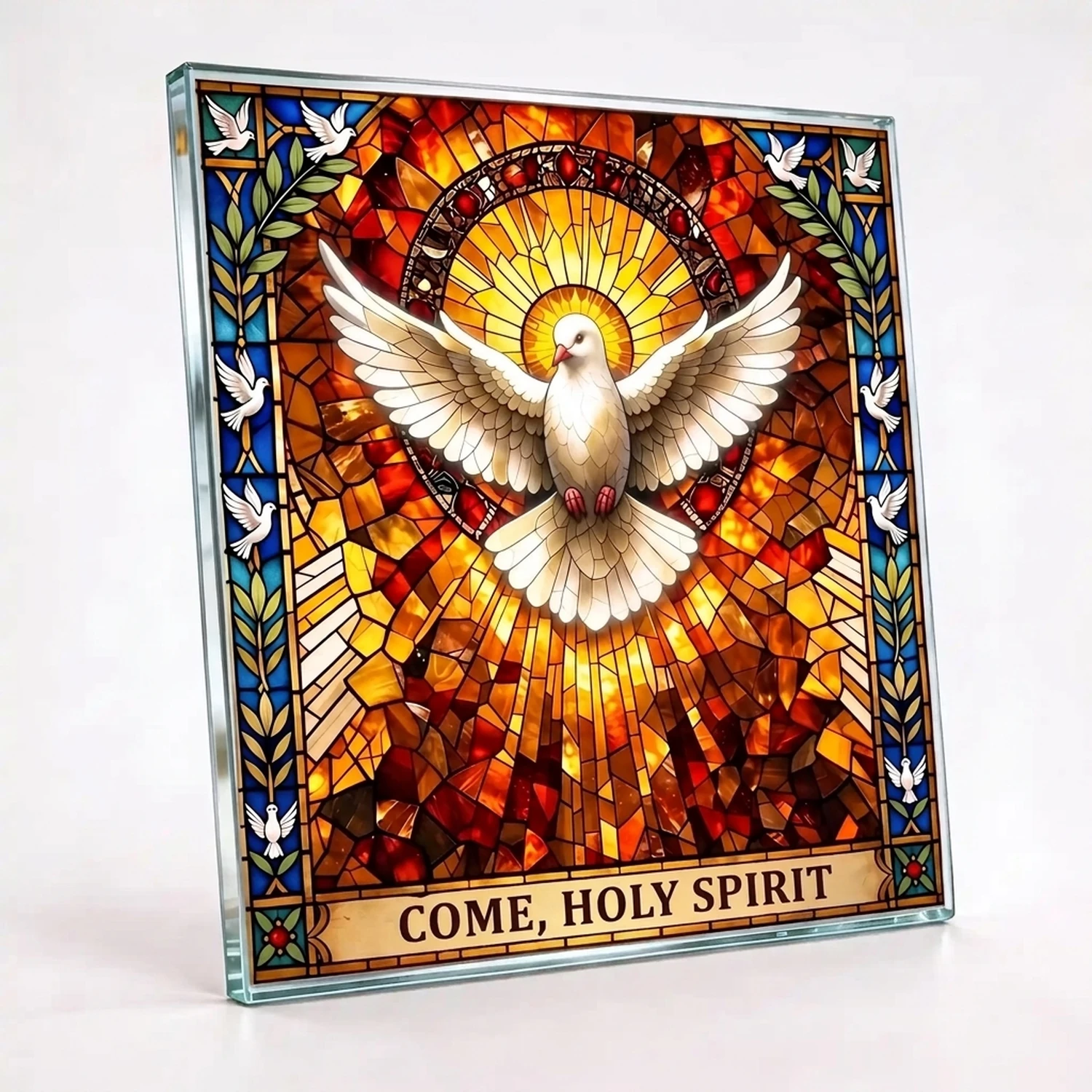 Glass Panel for Headstone with Holy Spirit Dove Motif decorative glass panel for memorial with Holy Spirit dove design