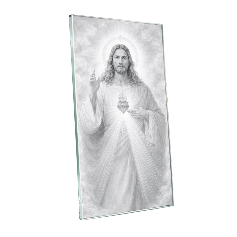 Glass panel with Jesus – large-format photo for a memorial Glass panel with an image of Jesus – large-format memorial photo on tempered glass with a ceramic print
