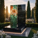 Decorative glass panel with a floral lily motif on a black granite memorial