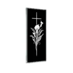 Glass panel for a memorial with a cross and calla lily motif on tempered glass