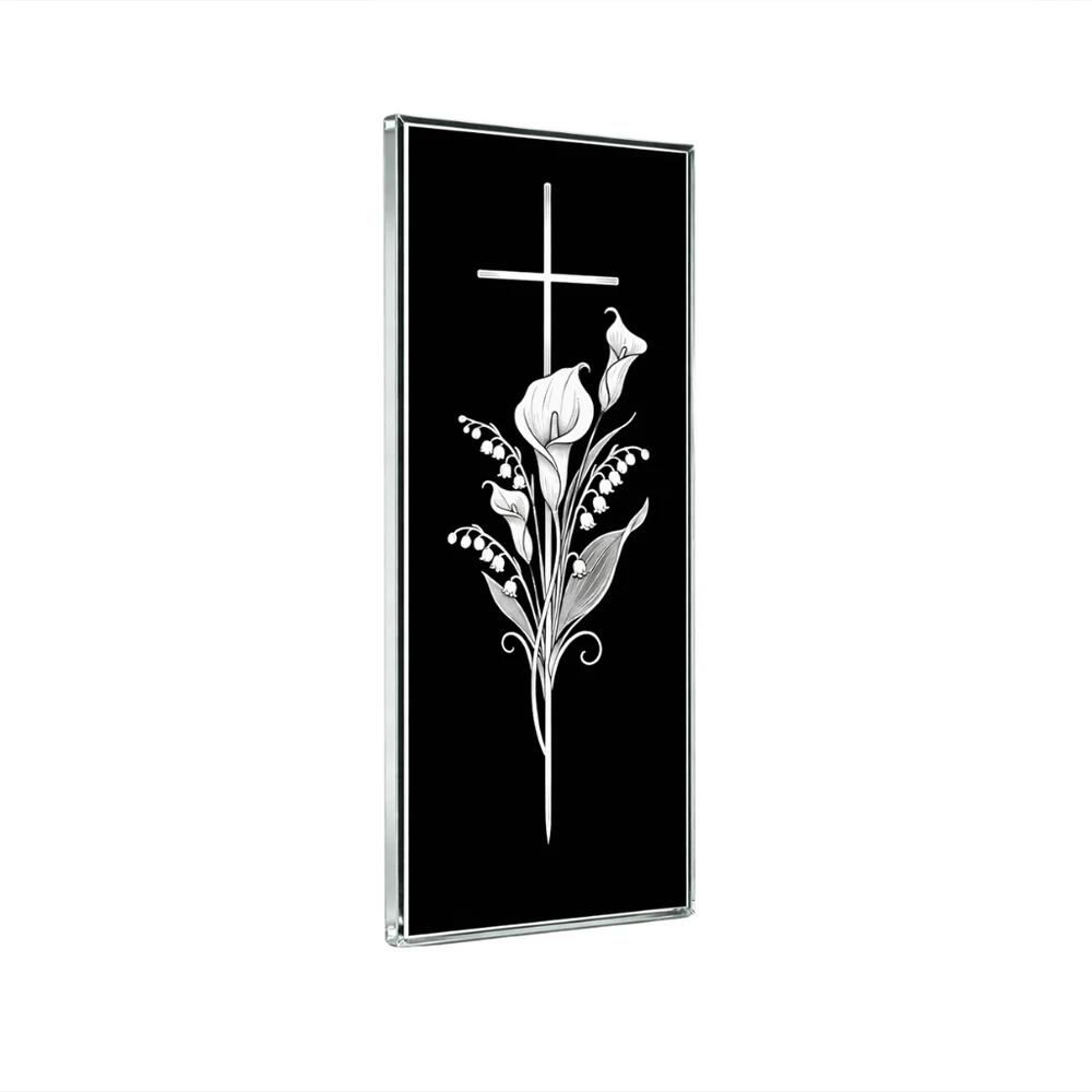 Glass panel for a memorial with a cross and calla lily motif on tempered glass