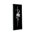 Glass panel for a memorial with a cross and lily motif on tempered glass