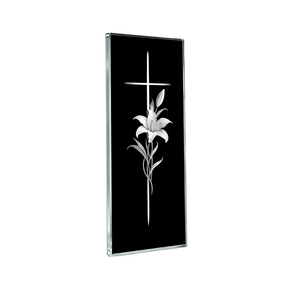 Glass panel for a memorial with a cross and lily motif on tempered glass