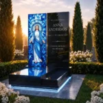 glass panel for a headstone with an image of the Virgin Mary on a black granite memorial
