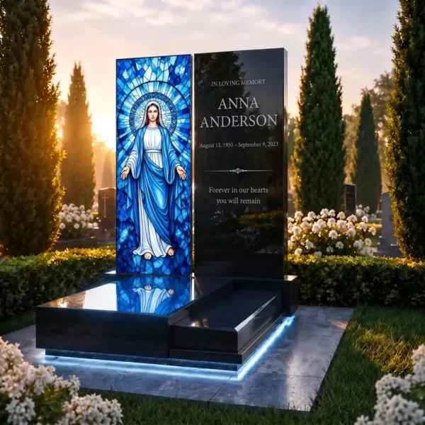 glass panel for a headstone with an image of the Virgin Mary on a black granite memorial
