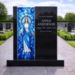 glass panel for a headstone with a religious motif of the Virgin Mary