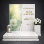 Glass panels for headstones with a decorative dandelion graphic