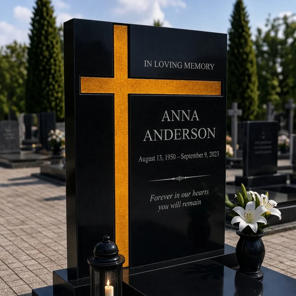 Gold asymmetric glass cross bonded to a black granite headstone