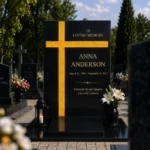 Gold asymmetric glass cross bonded to a black granite headstone