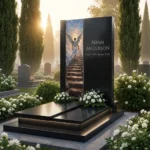 Headstone with an angel – a modern glass memorial panel with the motif of an angel climbing the stairs to heaven, made of tempered glass with a durable ceramic print.