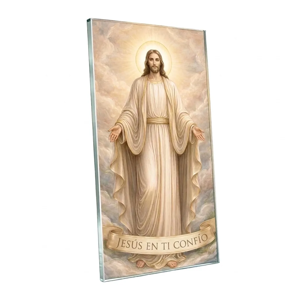 Imagen de Jesús para lápida Imagen de Jesús para lápida realizada en un panel de vidrio con la inscripción Jesús, en Ti confío