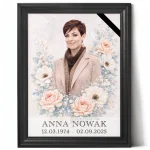 portret pamiątkowy zmarłej z kwiatowym motywem, wykonany na podstawie zdjęcia