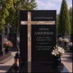 Ivory and gold asymmetric glass cross on a black granite headstone