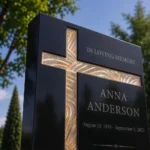 Ivory and gold asymmetric glass cross on a black granite headstone