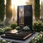 Lápida con ángel – panel de vidrio moderno para monumento funerario con el motivo de un ángel que sube las escaleras al cielo, fabricado en vidrio templado con impresión cerámica duradera.