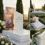 Lápida moderna para niño de piedra blanca con un panel de vidrio con un ángel realizado en vidrio templado