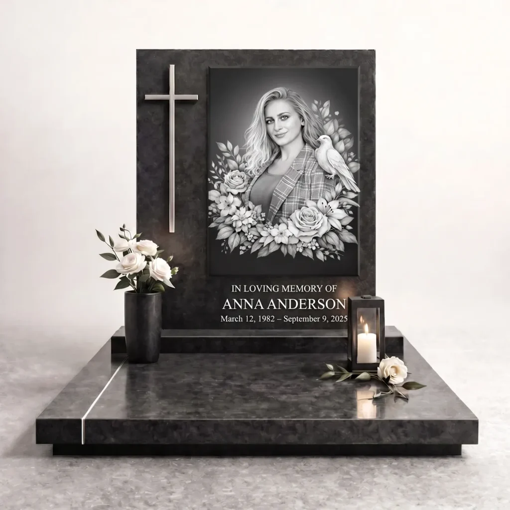 black and white photo for grave with floral engraving on granite headstone