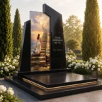 Modern memorial for a woman with a decorative glass panel made of tempered glass with a durable ceramic print