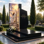 Modern memorial for a woman with an angel and a glass panel made of tempered glass with a durable print resistant to UV radiation