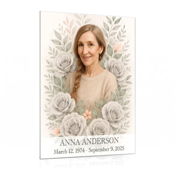decorative glass panel for memorial with photo and rose motif