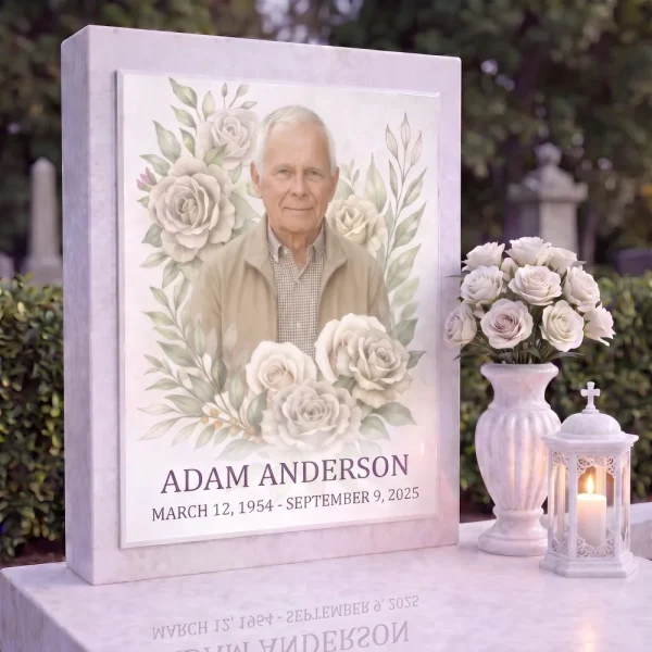 Light-coloured headstone in a cemetery with a colour plaque: an older man among cream roses