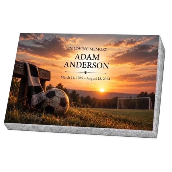 Memorial plaque in glass with a football, scarf and goal at sunset, on a granite base
