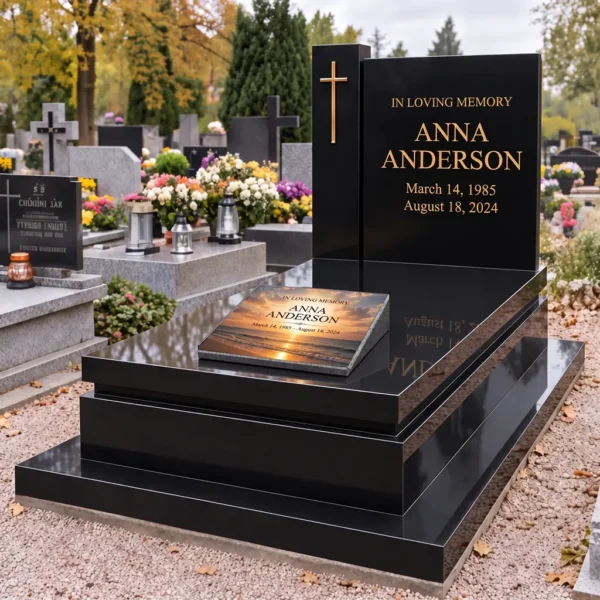 Memorial plaque with a sea sunset on the slab of a black grave with a cross and gold lettering