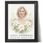 Custom memorial portrait of deceased with lily floral border