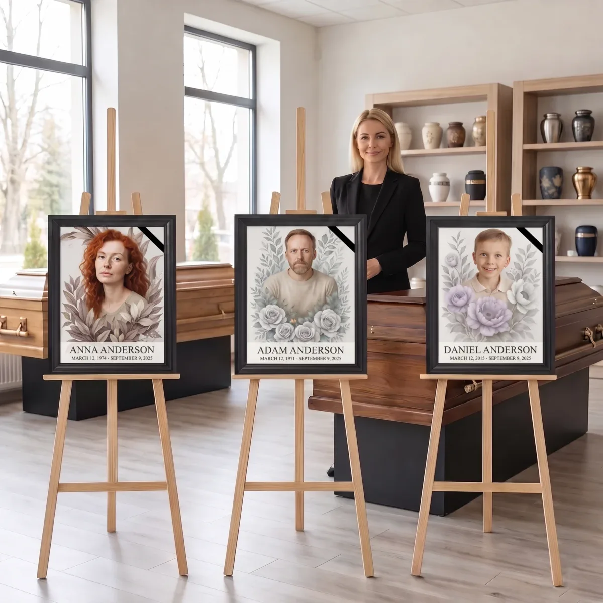 Framed memorial portraits with floral motifs displayed on easels for a funeral director