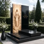 Memorial with an image of Jesus on a decorative glass panel in black granite