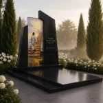 Modern memorial with an image of Jesus on a tempered glass panel resistant to UV radiation and weather conditions