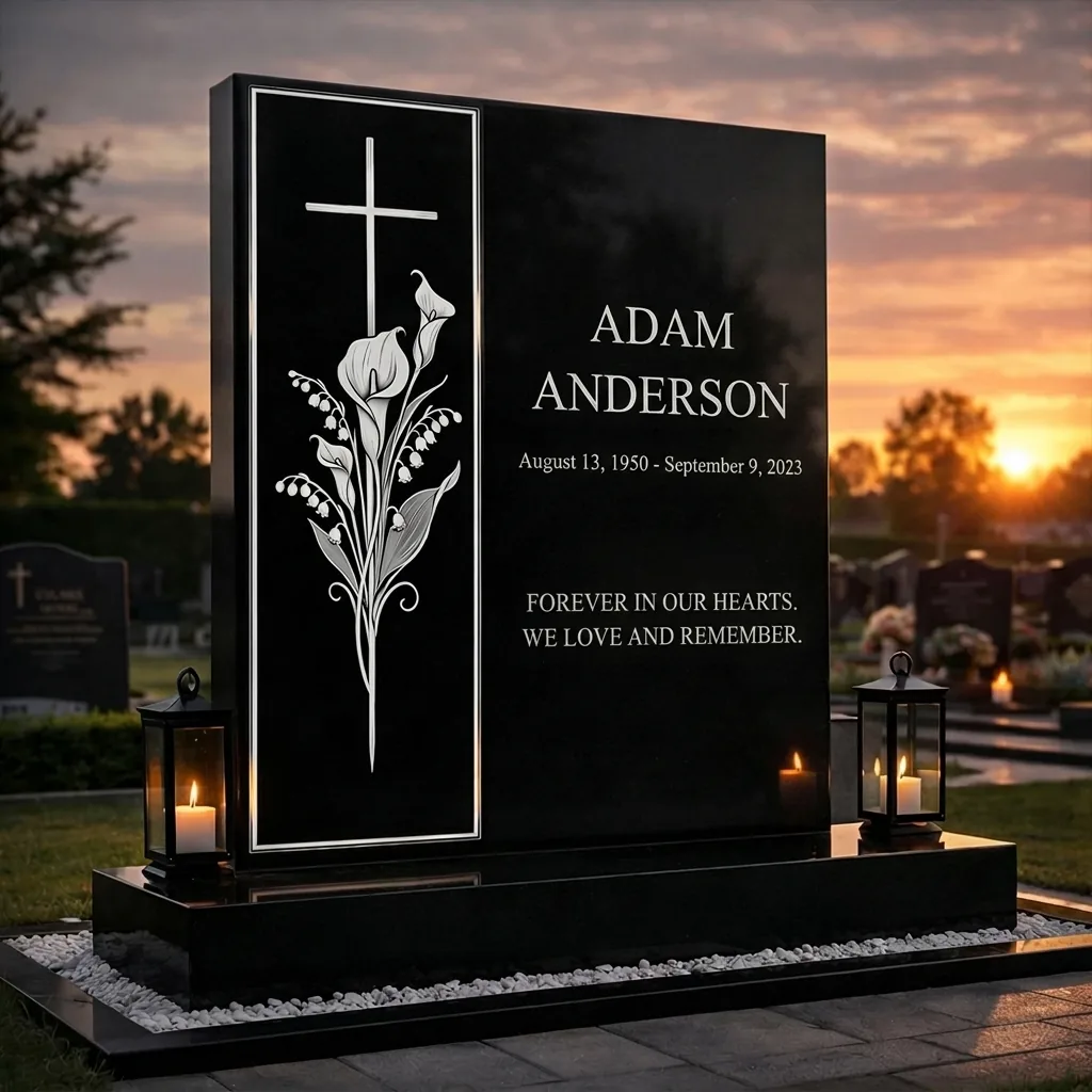 modern memorial decorative panel cross calla lily black headstone design