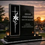 memorial with glass panel cross lily black headstone decorative panel