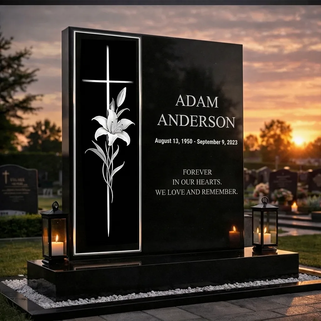memorial with glass panel cross lily black headstone decorative panel