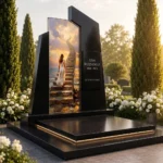 Monumento funerario moderno para mujer con panel de vidrio decorativo fabricado en vidrio templado con impresión cerámica duradera