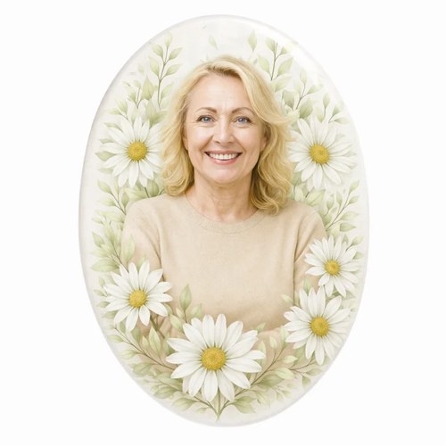 Owalne zdjęcie na porcelanie: uśmiechnięta blondynka w beżowym swetrze wśród dużych stokrotek