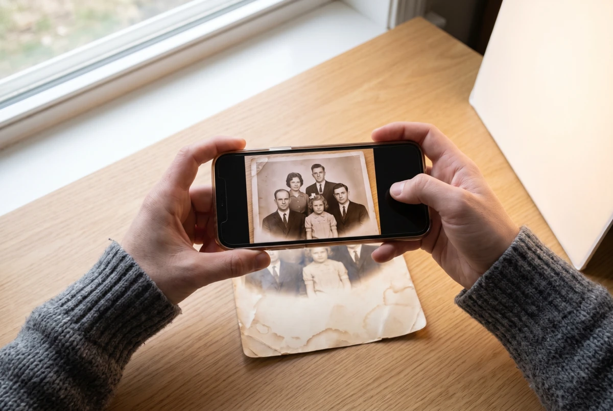 photographing an old family photo to order a memorial plaque made from photo online