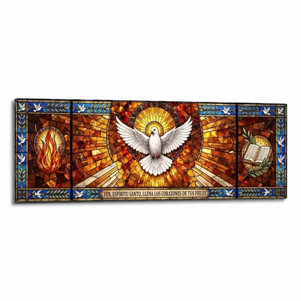 Panel decorativo de cristal para panteón con paloma y motivo religioso