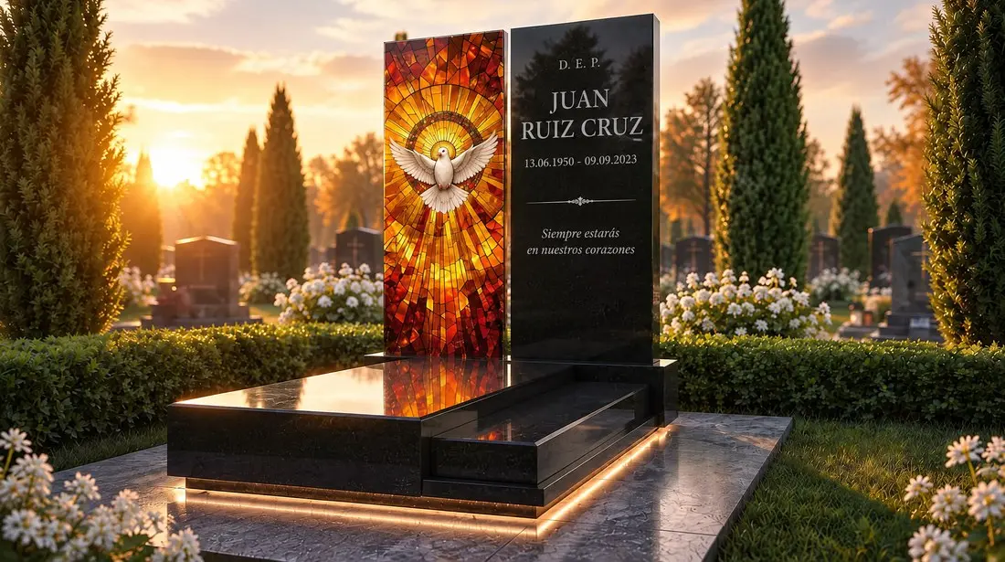 Lápida negra moderna con panel de vitral con una paloma blanca sobre un mosaico naranja y dorado, al atardecer